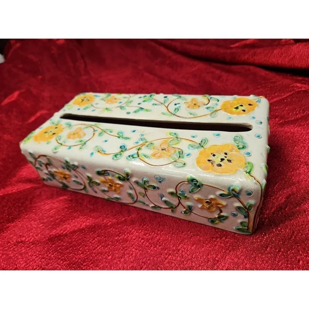 Vintage Italy MAJOLICA Tissue Box‎ Holder Porcelain MCM Italian HIGH RELIEF